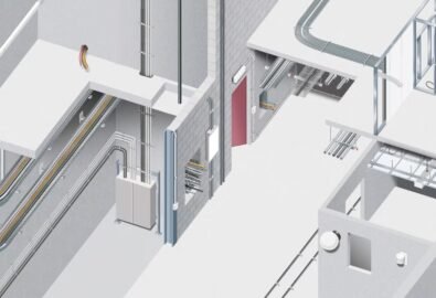 Firestop system installed for large cable and duct opening in a wall to prevent fire and smoke spread