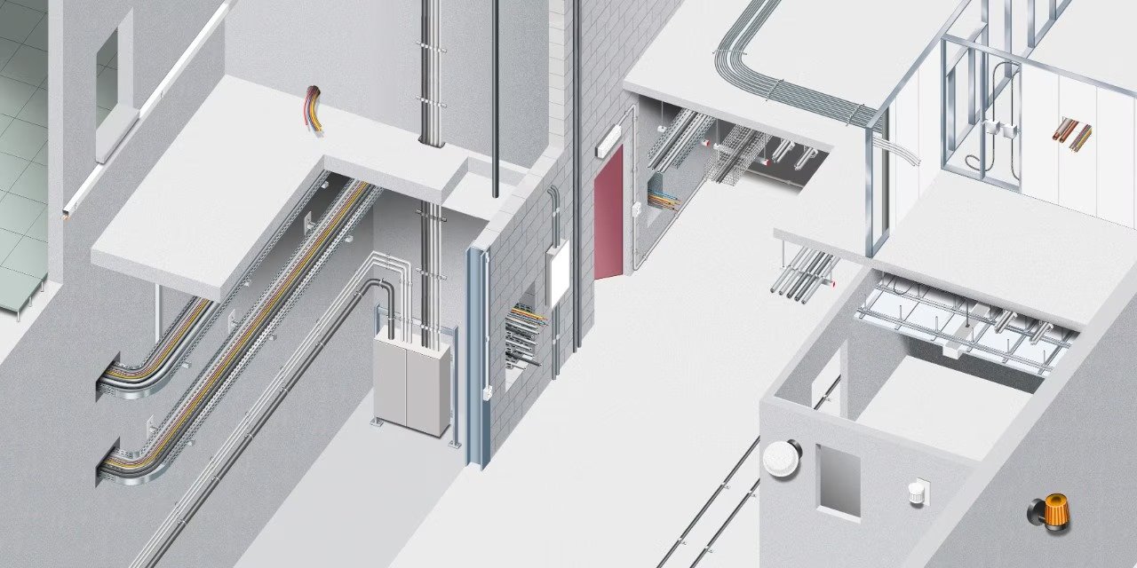 Firestop system installed for large cable and duct opening in a wall to prevent fire and smoke spread