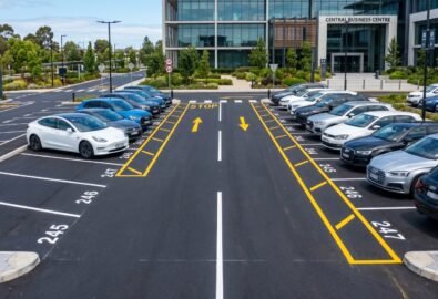 Faded car park line markings on concrete in Qatar