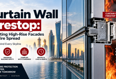 Curtain wall firestop system protecting high-rise facade from vertical fire spread