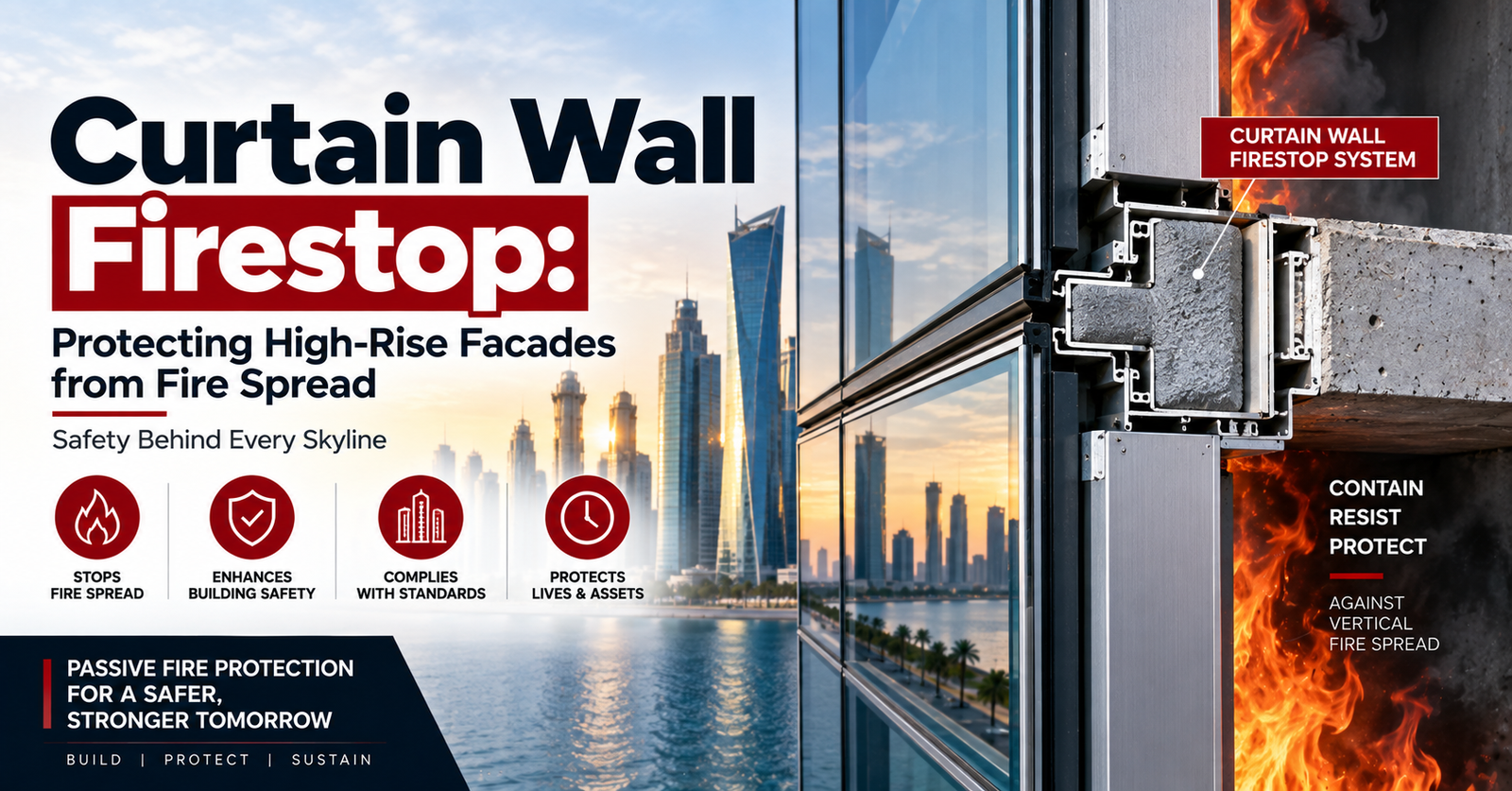 Curtain wall firestop system protecting high-rise facade from vertical fire spread
