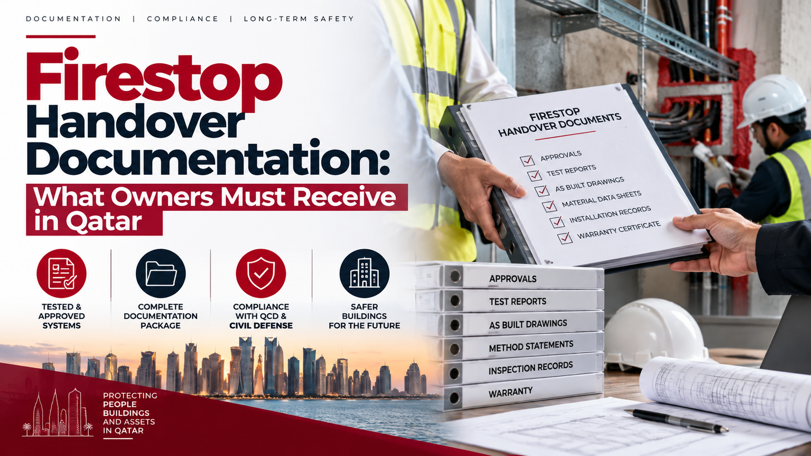 Firestop handover documentation checklist for building owners in Qatar, including approvals, test reports, as-built drawings, installation records and warranty documents.